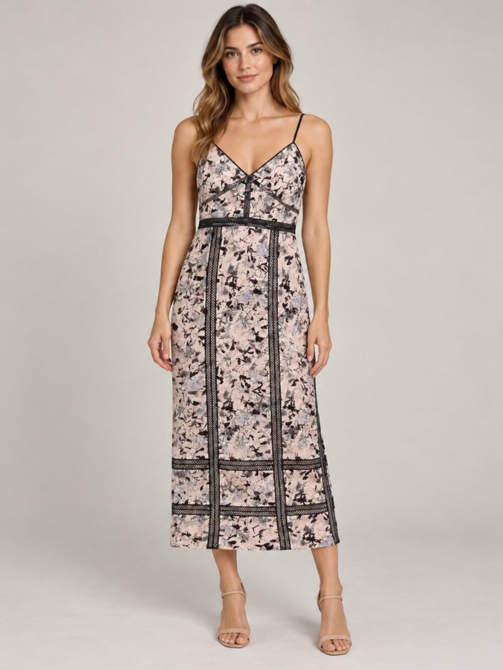 Self-Portrait Blush Floral Strapless Slip Dress with Black Trim